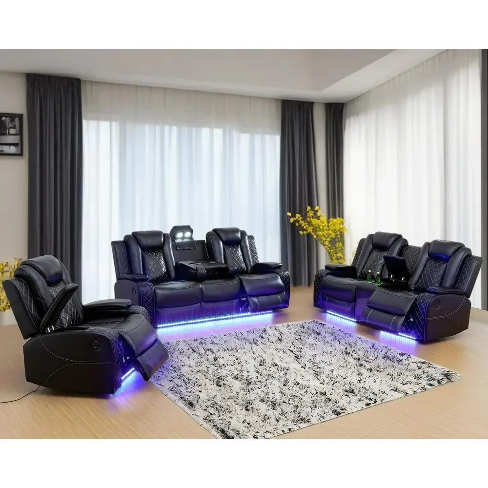recliner.Leather Power Recliner Sofa Set with LED, Living Room Furniture Set, Leather Sofa Set with USB Port Storage Console Cup
