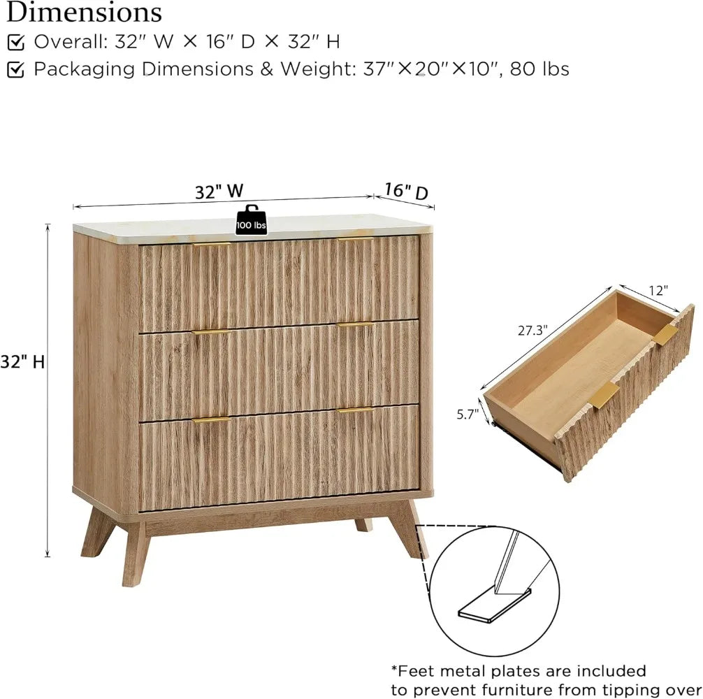 32" Tall Fluted Nightstand Set of 2, Modern Side Table with Faux Marble Top, 3 Drawers End Table w/Storage, Nightstands