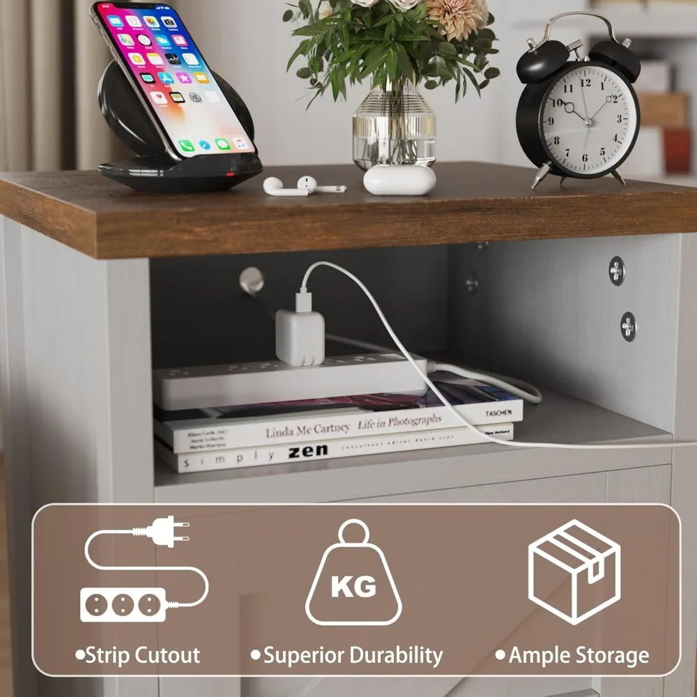 Farmhouse Nightstand                                     Modern Bedside Table with Barn Door and Shelf, Rustic End Table Side Table for Bedroom, Living Room