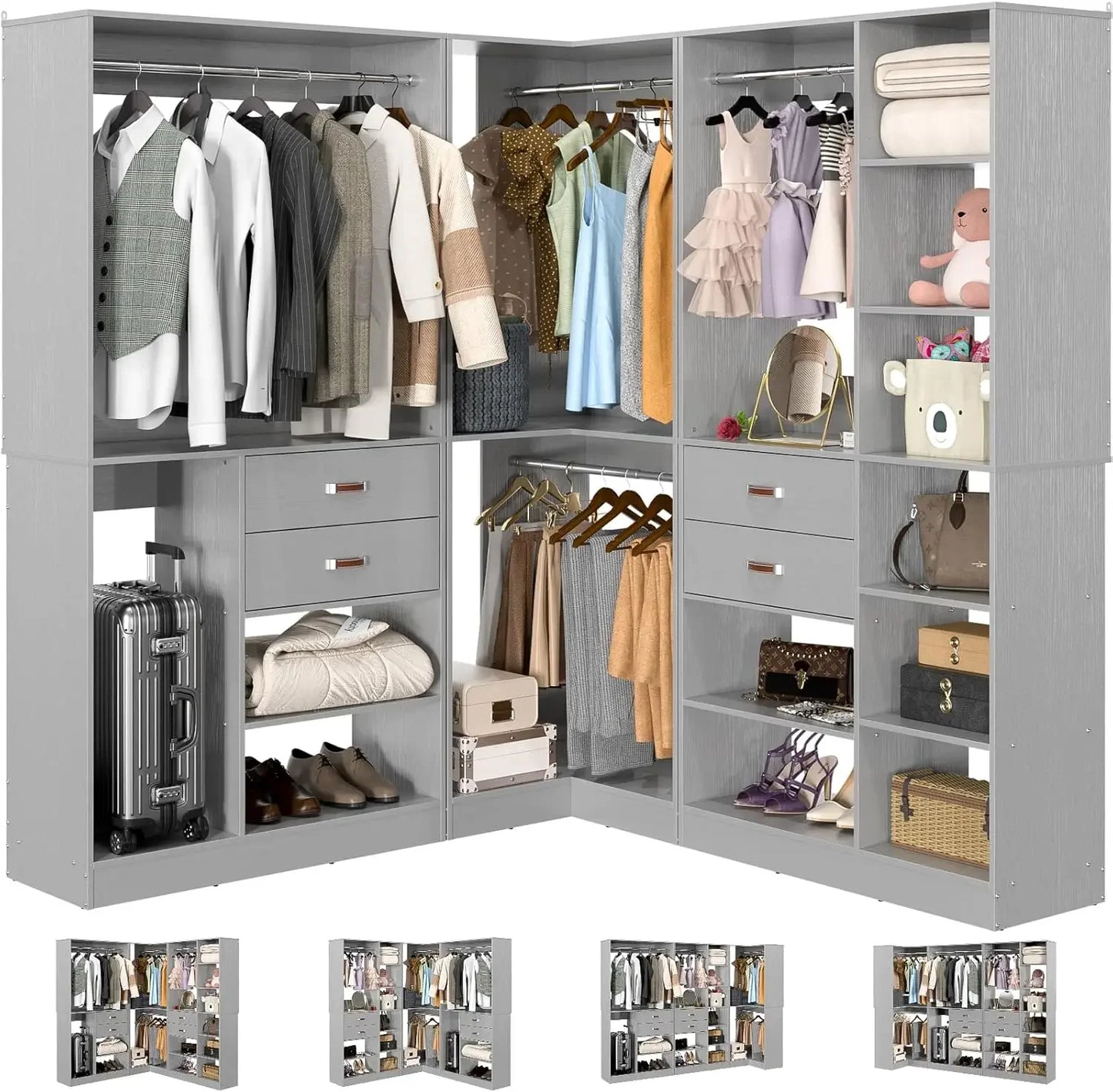 Freestanding Closet System with 3 Sets, 110'' Reversible Stand-alone Wardrobe, 80'' Height Cloth Garment Organizer