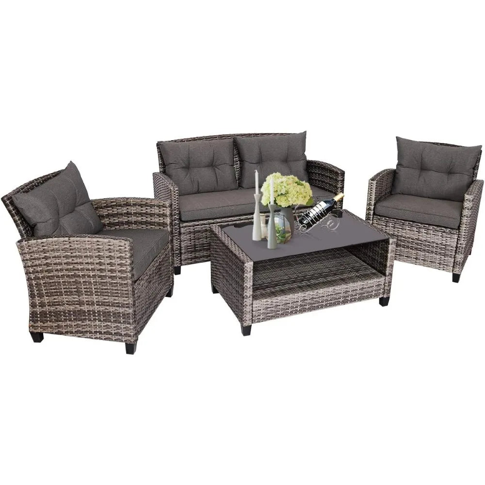 4 PCS Patio Wicker Conversation Furniture Set, Outdoor Rattan Sofa Set with Padded Cushion & Tempered Glass Coffee Table, Wicke
