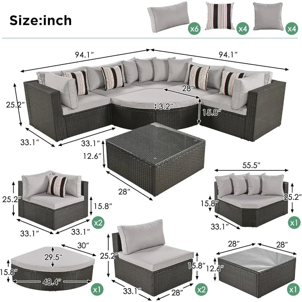 7-Piece Outdoor Patio Cushioned Half Moon Sofa Set with Colorful Pillows for Patio, Garden, Brown Wicker, Rattan Sectional Sofa