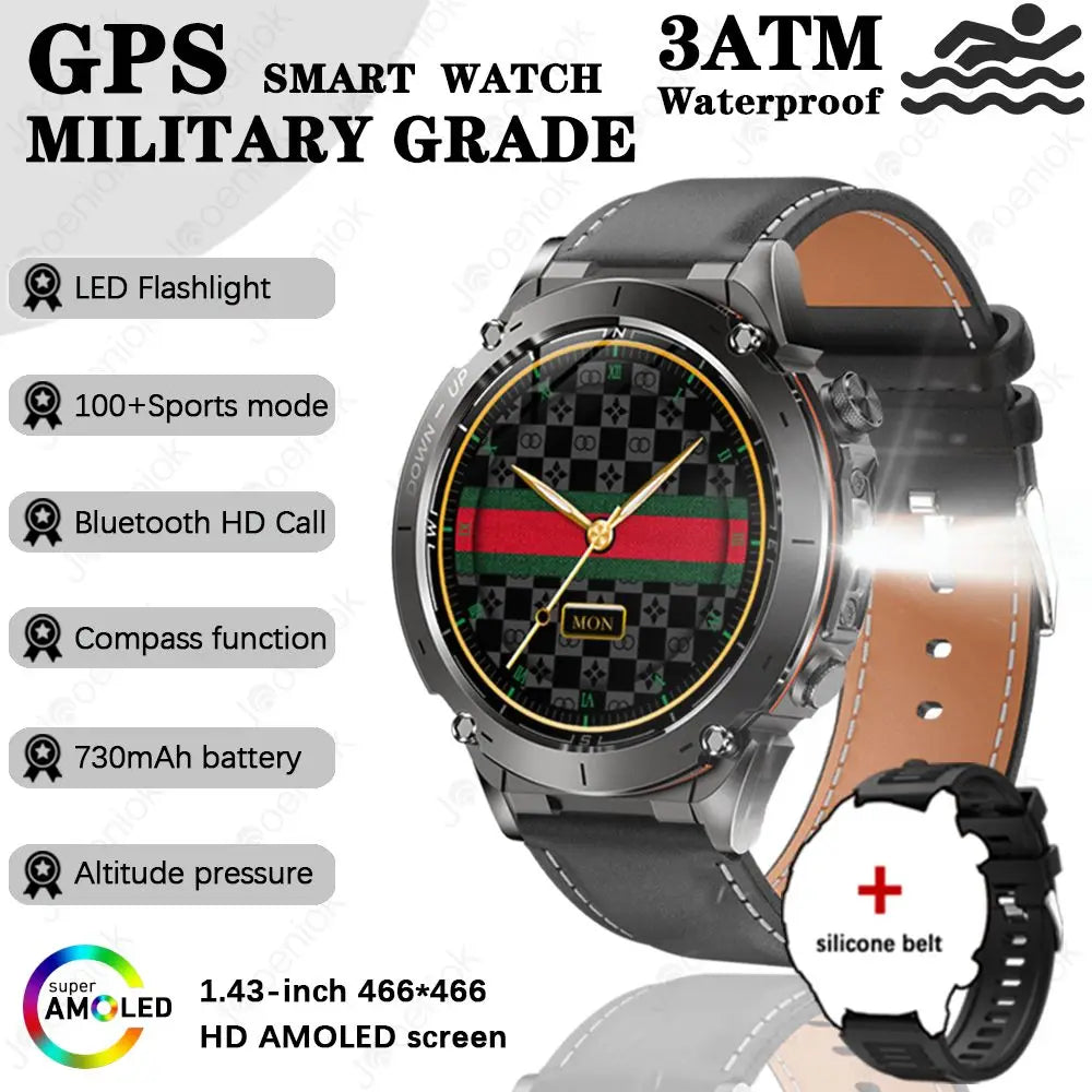 Outdoor Smart Watch 466*466 AMOLED Full Touch Screen 5ATM Waterproof GPS 730mAh High Battery Compass 170+ Sports Modes For Men