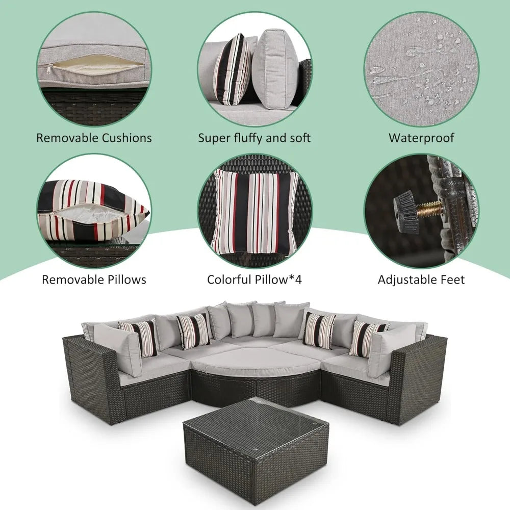 7-Piece Outdoor Patio Cushioned Half Moon Sofa Set with Colorful Pillows for Patio, Garden, Brown Wicker, Rattan Sectional Sofa