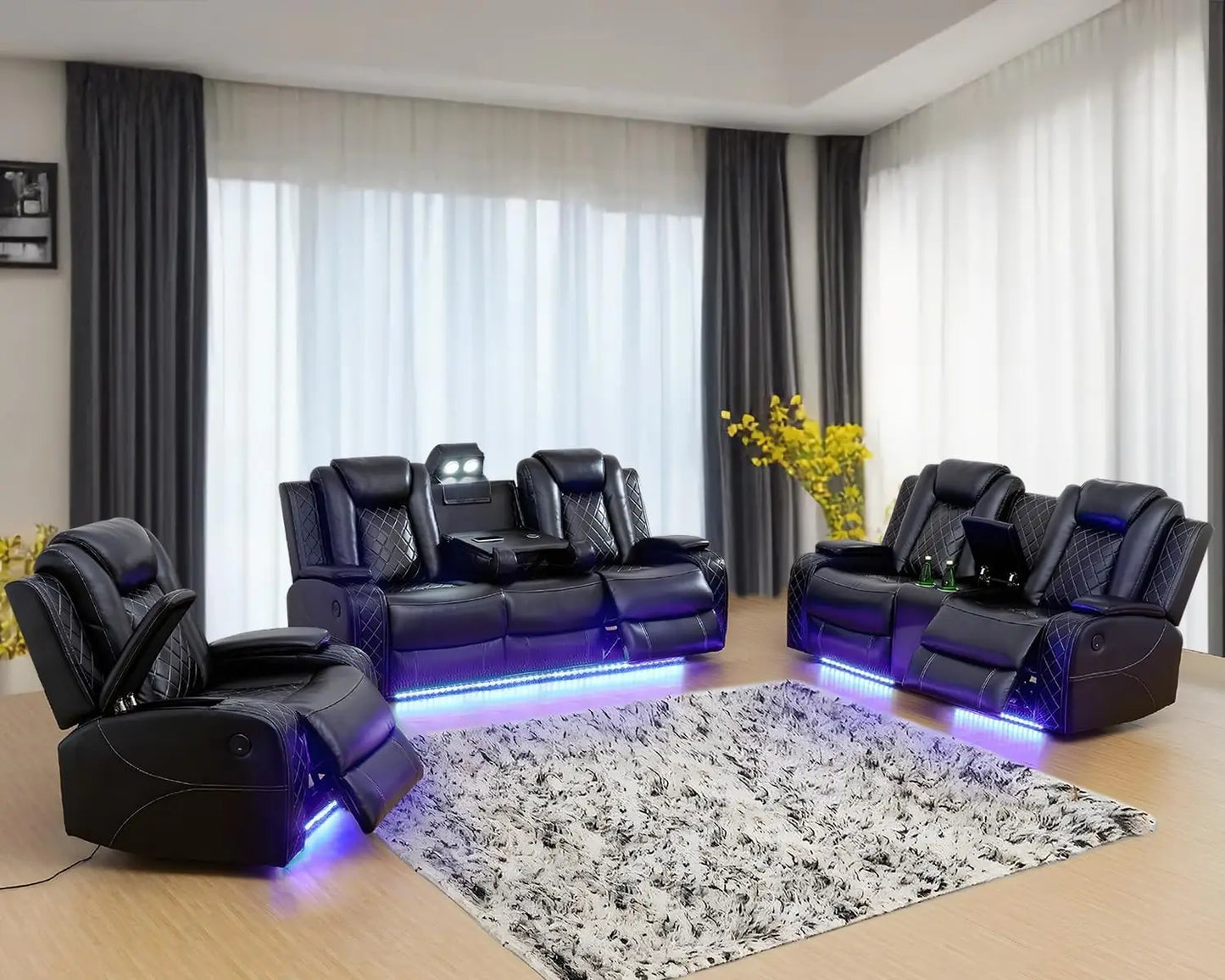 recliner.Leather Power Recliner Sofa Set with LED, Living Room Furniture Set, Leather Sofa Set with USB Port Storage Console Cup