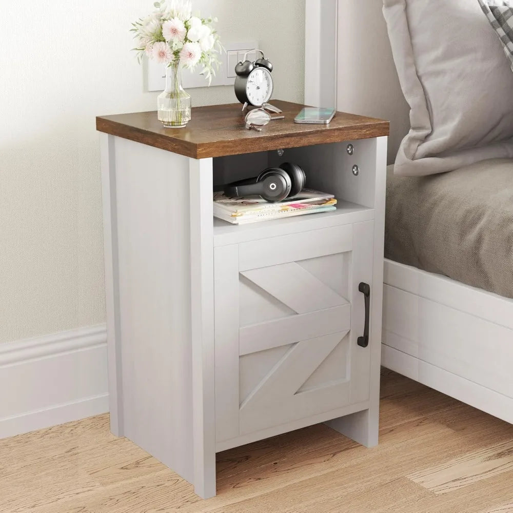 Farmhouse Nightstand                                     Modern Bedside Table with Barn Door and Shelf, Rustic End Table Side Table for Bedroom, Living Room