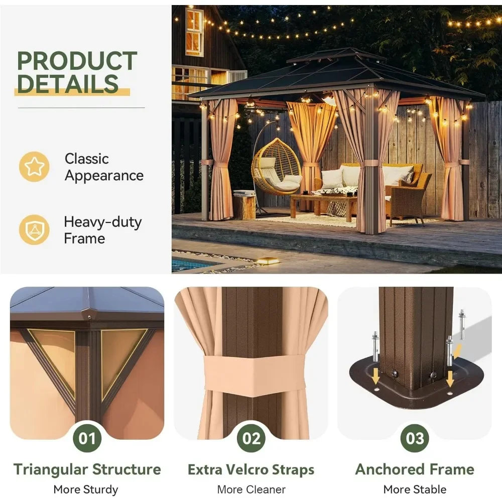 10'x12' Hardtop Gazebo, Aluminum Frame Permanent Pavilion with Curtains, Outdoor Polycarbonate Gazebo, Double Roof Canopy