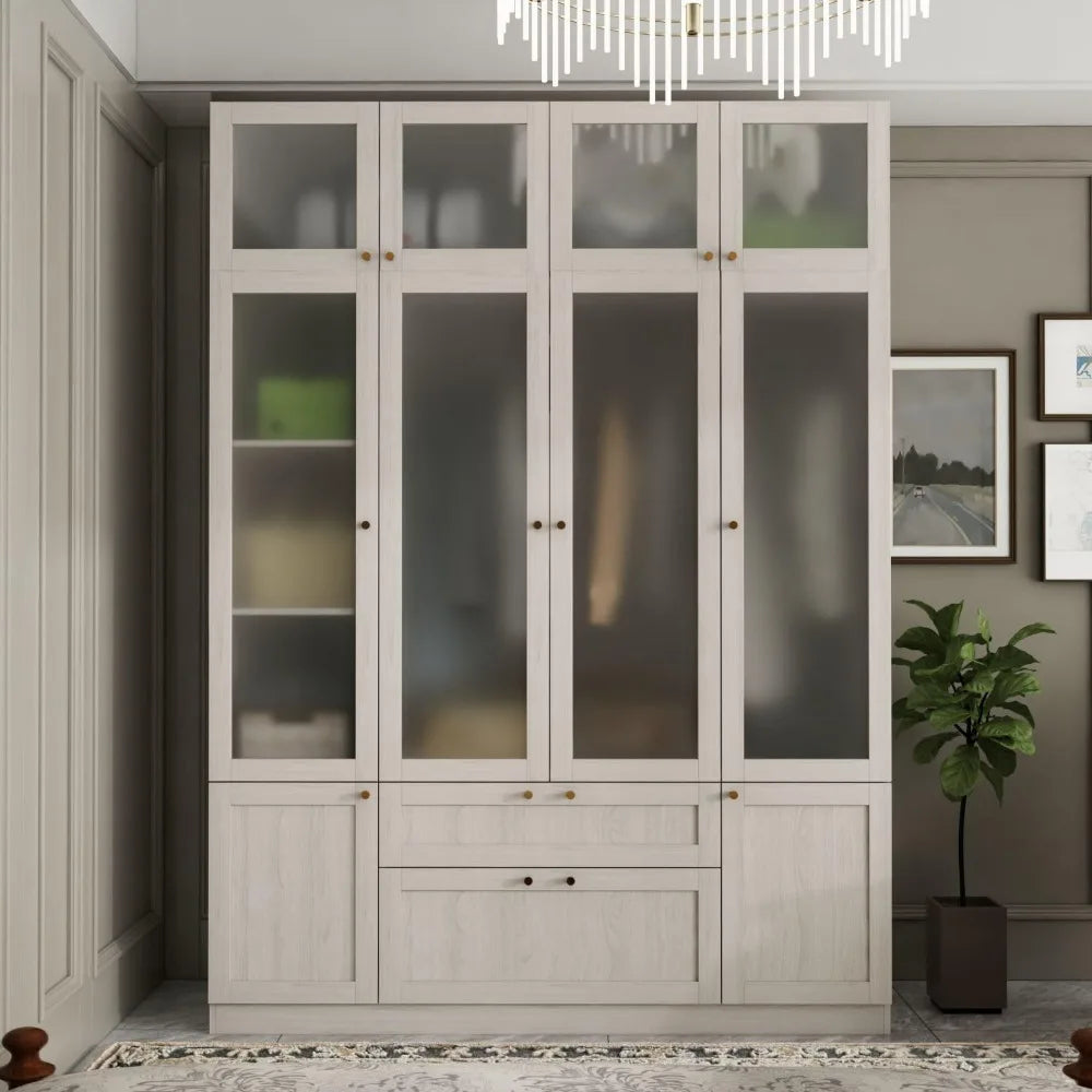 4 Door Wardrobe Armoire Closet, Bedroom Armoire with Frosted Glass Doors, Top Cabinets, Wardrobe