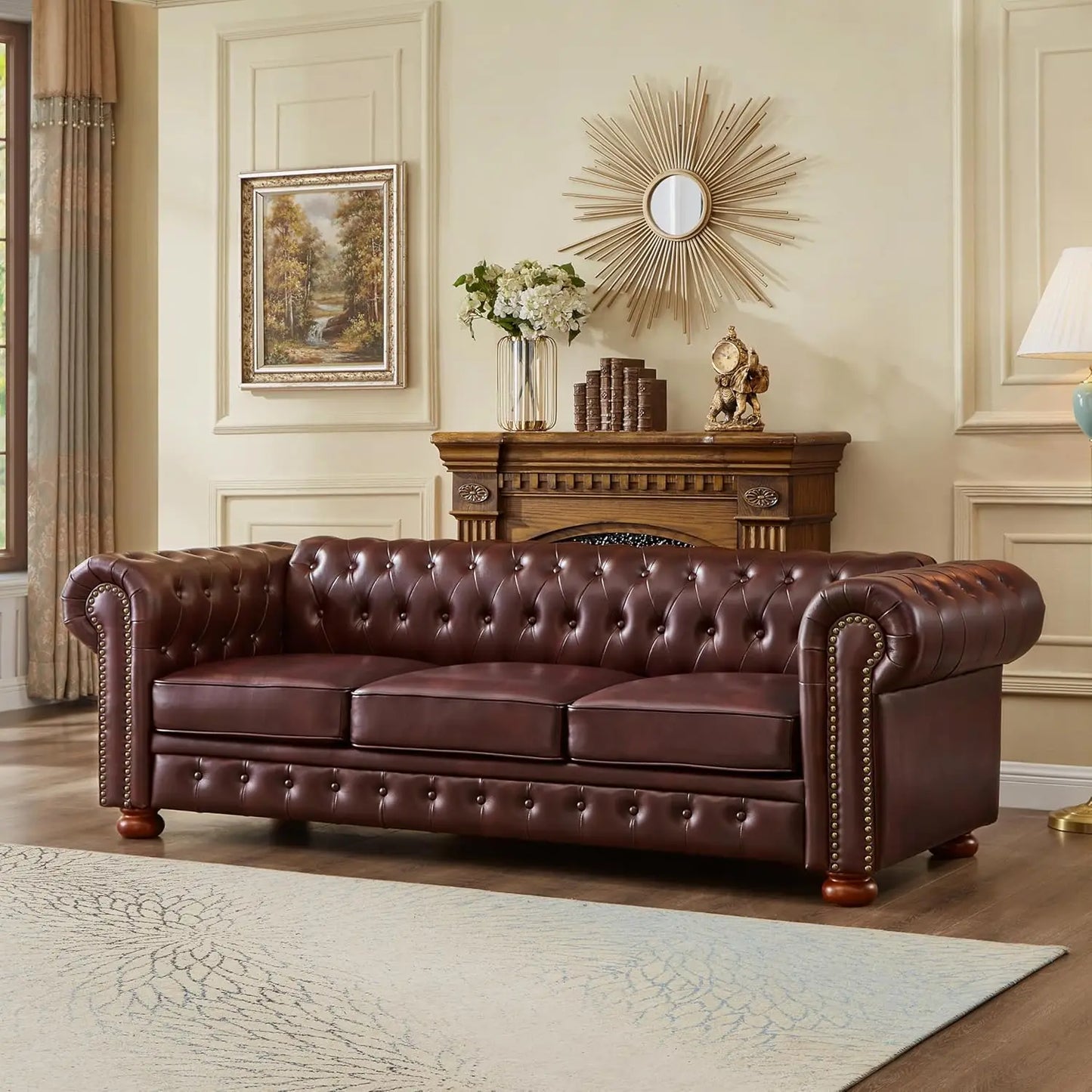 Chesterfield Sofa, 89" Faux Leather Sofa, Upholstered Sofa, Low Back, Rolled Arms Nailhead Trim, Classic 3 Seater Sofa