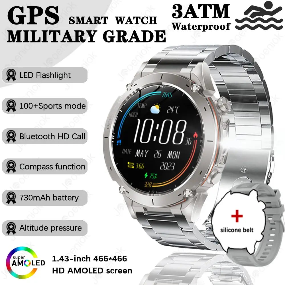 Outdoor Smart Watch 466*466 AMOLED Full Touch Screen 5ATM Waterproof GPS 730mAh High Battery Compass 170+ Sports Modes For Men