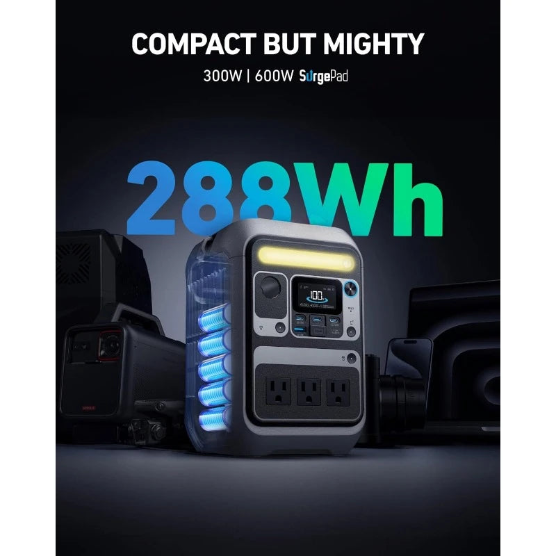 SOLIX C300 Portable Power Station Outdoor 288Wh LiFePO4 Battery, 300W (600W Surge) Solar Generator 140W Two-Way Fast Charging