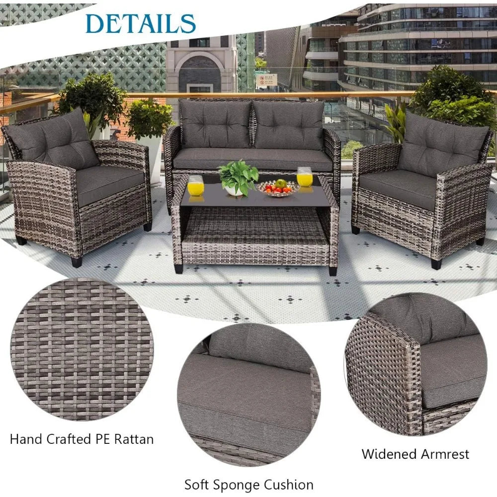 4 PCS Patio Wicker Conversation Furniture Set, Outdoor Rattan Sofa Set with Padded Cushion & Tempered Glass Coffee Table, Wicke