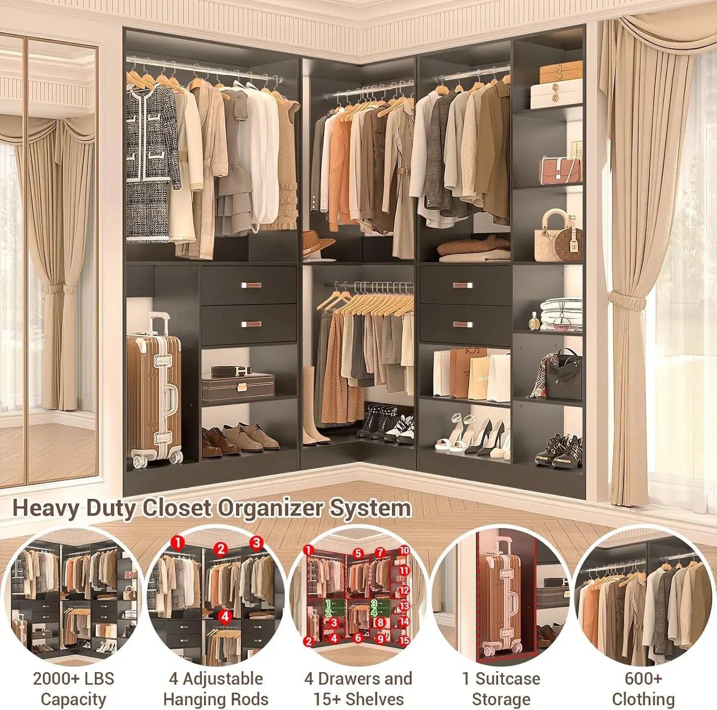Freestanding Closet System with 3 Sets, 110'' Reversible Stand-alone Wardrobe, 80'' Height Cloth Garment Organizer