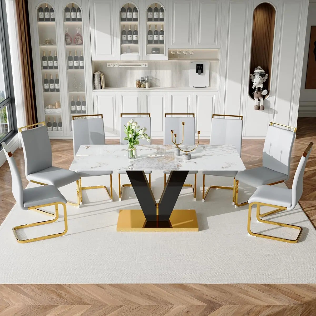 Marble Dining Table Set for 8 Modern Dining Room Table 71'' Large Glass Dinner Table and 8 Light Grey PU Chairs White and Gold