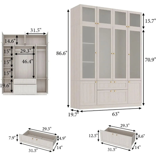 4 Door Wardrobe Armoire Closet, Bedroom Armoire with Frosted Glass Doors, Top Cabinets, Wardrobe