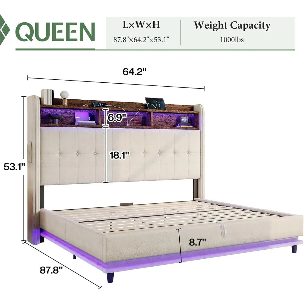 Jocisland Queen Size Bed Frame with Hydraulic Lift Up Storage, 53.1" H Built-in Bookcase & RGB LED Headboard, Velvet Upholstered