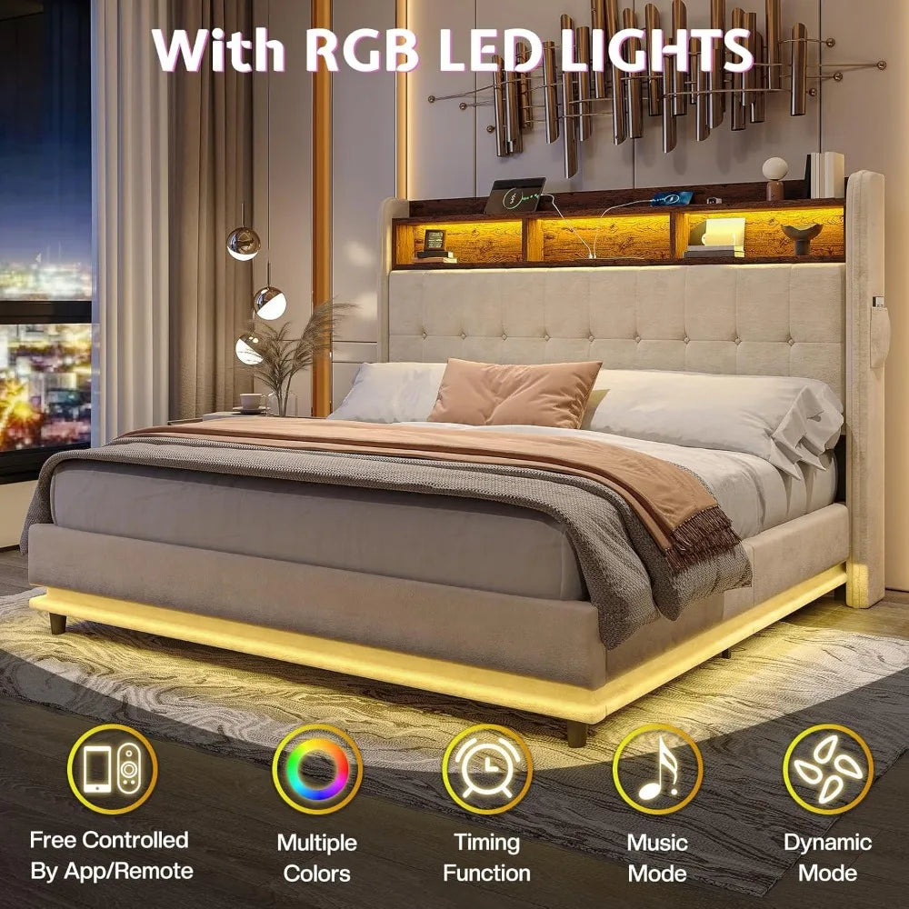 Jocisland Queen Size Bed Frame with Hydraulic Lift Up Storage, 53.1" H Built-in Bookcase & RGB LED Headboard, Velvet Upholstered