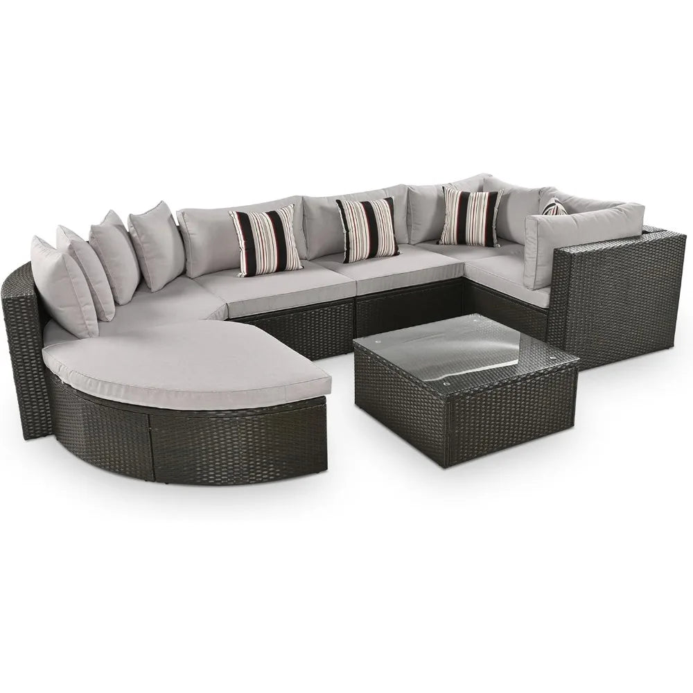 7-Piece Outdoor Patio Cushioned Half Moon Sofa Set with Colorful Pillows for Patio, Garden, Brown Wicker, Rattan Sectional Sofa