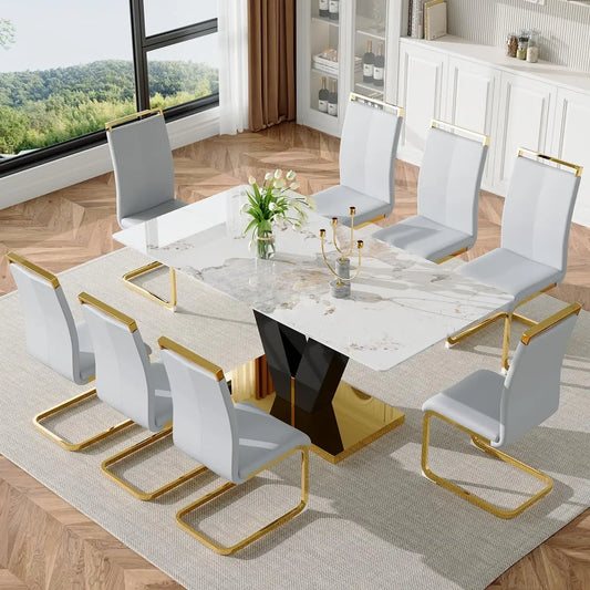Marble Dining Table Set for 8 Modern Dining Room Table 71'' Large Glass Dinner Table and 8 Light Grey PU Chairs White and Gold