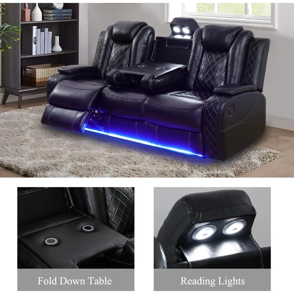 recliner.Leather Power Recliner Sofa Set with LED, Living Room Furniture Set, Leather Sofa Set with USB Port Storage Console Cup