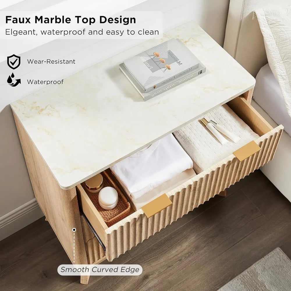 32" Tall Fluted Nightstand Set of 2, Modern Side Table with Faux Marble Top, 3 Drawers End Table w/Storage, Nightstands