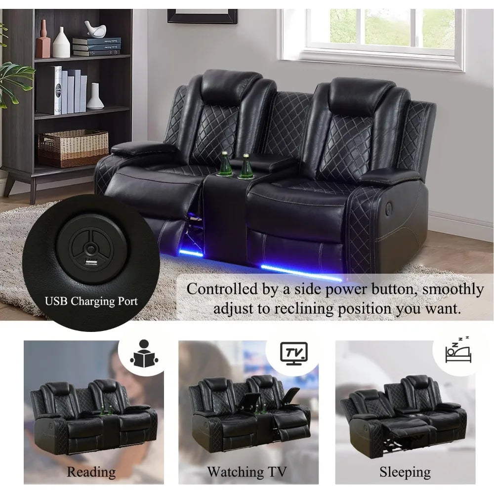 recliner.Leather Power Recliner Sofa Set with LED, Living Room Furniture Set, Leather Sofa Set with USB Port Storage Console Cup
