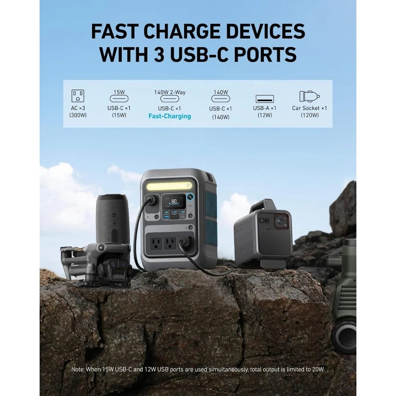 SOLIX C300 Portable Power Station Outdoor 288Wh LiFePO4 Battery, 300W (600W Surge) Solar Generator 140W Two-Way Fast Charging