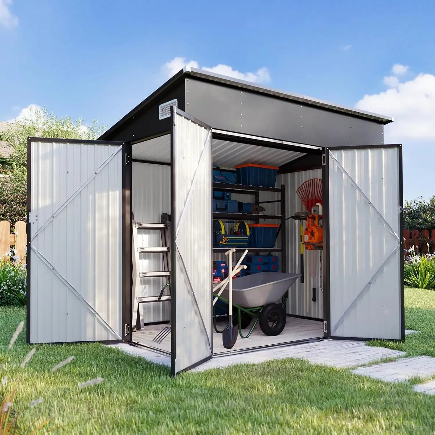 11.5’x7.5’ Shed Outdoor Storage Shed Triple Lockable Door Metal Storage Cabinet with Slopping Roof for Tools Bicycles Storage