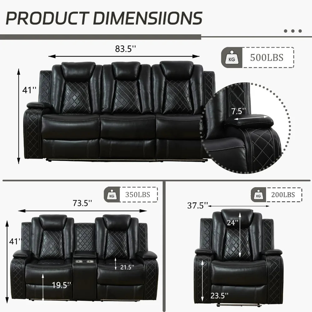 recliner.Leather Power Recliner Sofa Set with LED, Living Room Furniture Set, Leather Sofa Set with USB Port Storage Console Cup