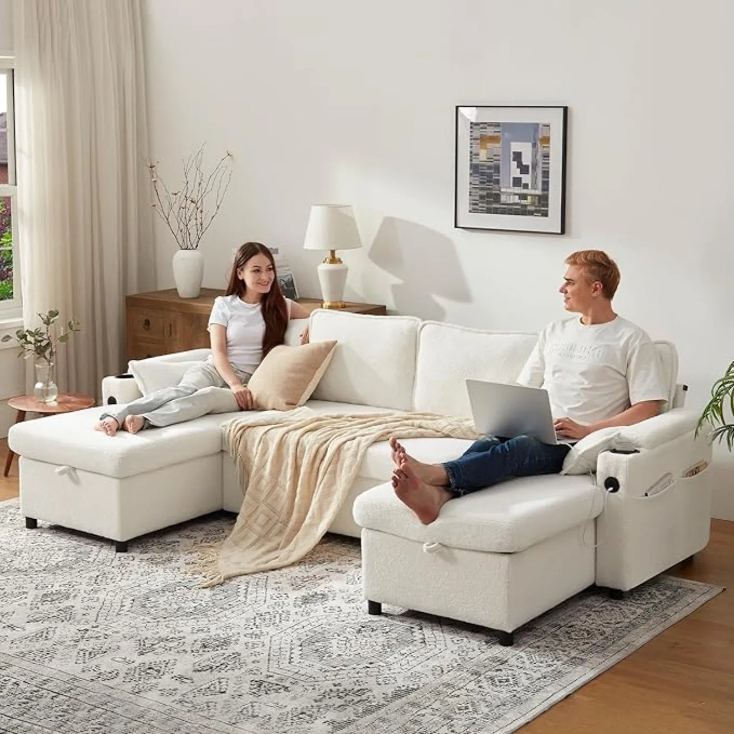 104.3'' U shape Sofa Bed Pull Out Couch Sleeper w/ Double Storage Chaise, U Shaped Convertible Sectional Sleeper Sofa