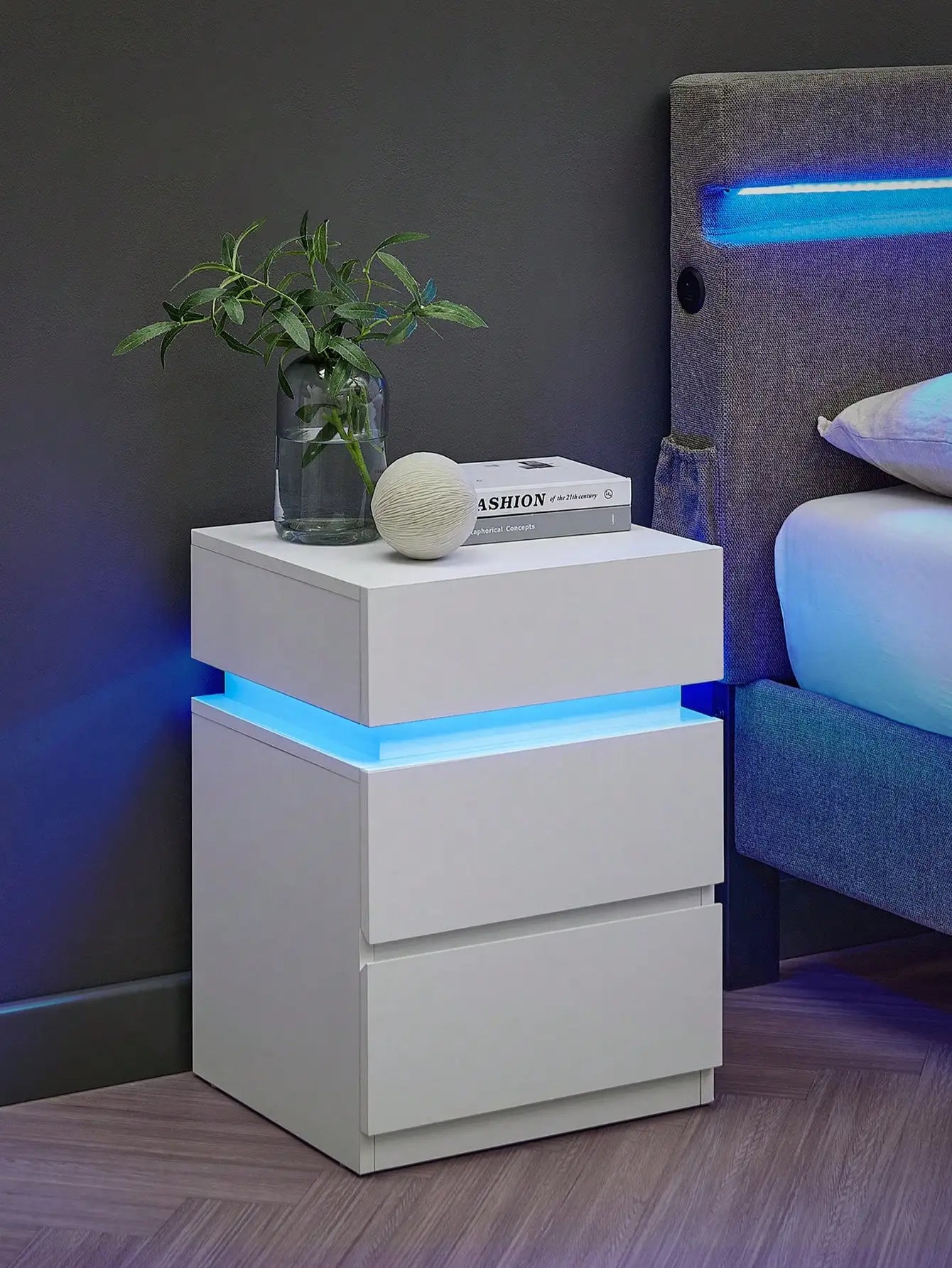 VASAGLE Bedside Table              with Variable Multicolour LED Light Strip, 3 Drawers, Side Table, Modern Style, 35 x 40 x 55 cm, White