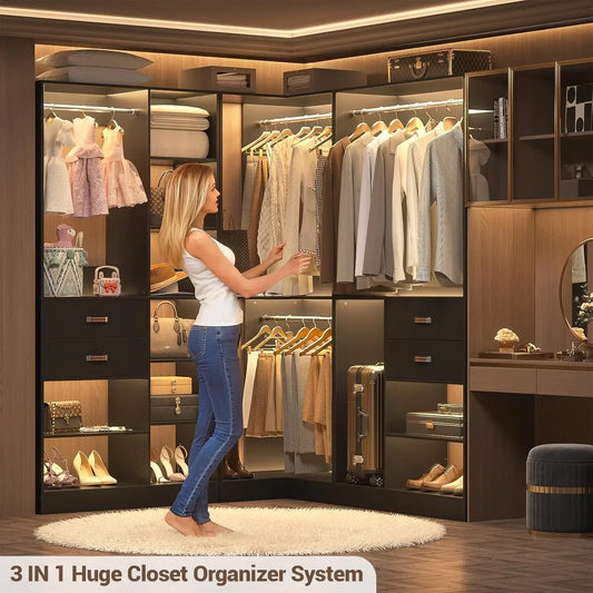 Freestanding Closet System with 3 Sets, 110'' Reversible Stand-alone Wardrobe, 80'' Height Cloth Garment Organizer