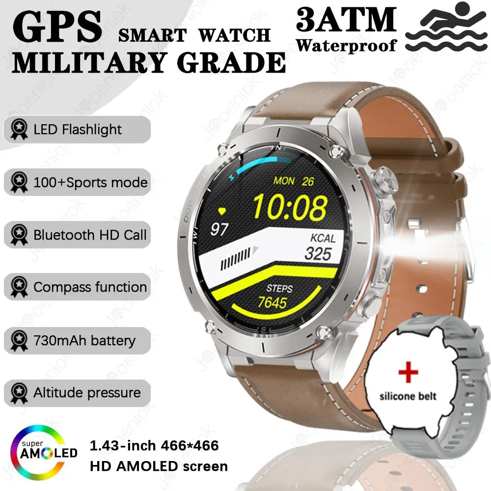 Outdoor Smart Watch 466*466 AMOLED Full Touch Screen 5ATM Waterproof GPS 730mAh High Battery Compass 170+ Sports Modes For Men