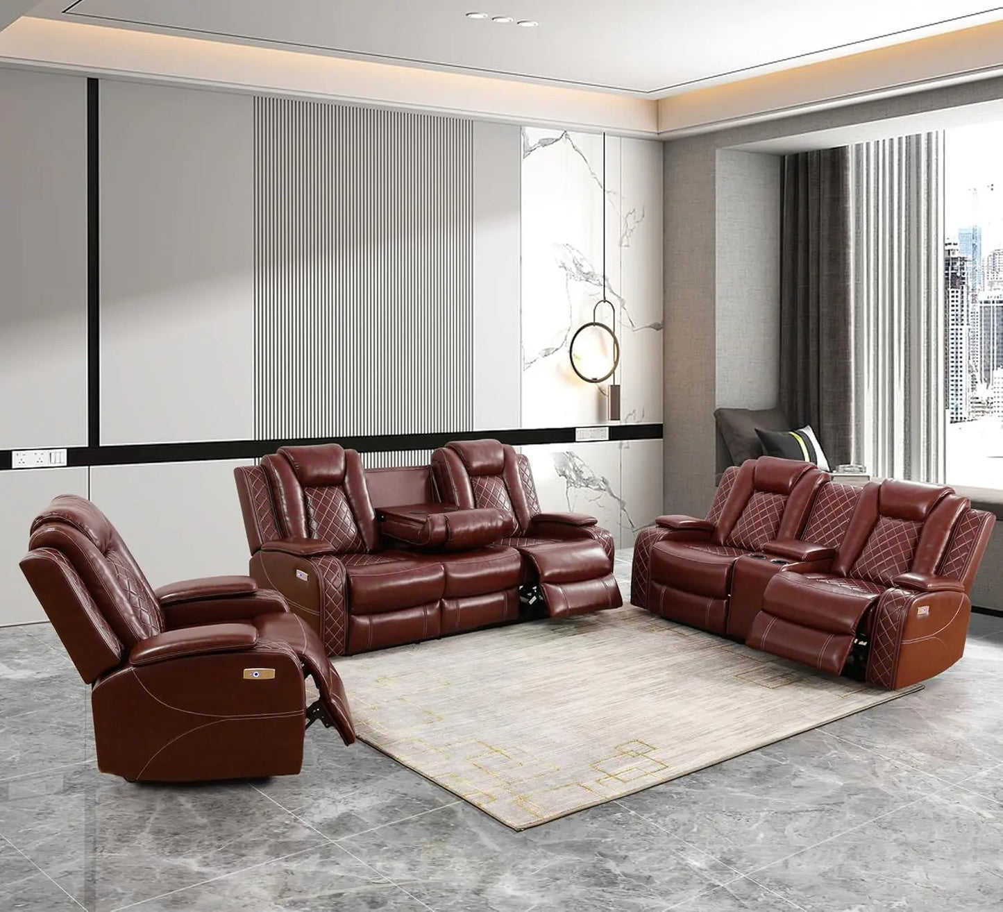 recliner.Leather Power Recliner Sofa Set with LED, Living Room Furniture Set, Leather Sofa Set with USB Port Storage Console Cup