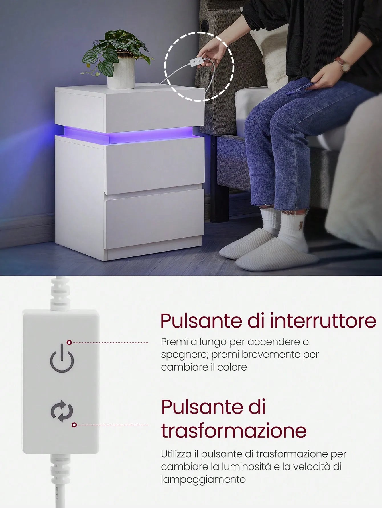 VASAGLE Bedside Table              with Variable Multicolour LED Light Strip, 3 Drawers, Side Table, Modern Style, 35 x 40 x 55 cm, White