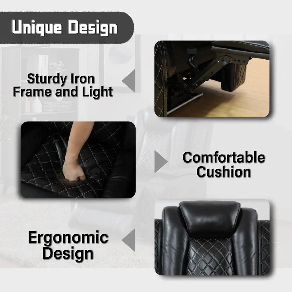 recliner.Leather Power Recliner Sofa Set with LED, Living Room Furniture Set, Leather Sofa Set with USB Port Storage Console Cup