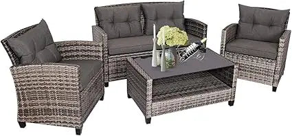 4 PCS Patio Wicker Conversation Furniture Set, Outdoor Rattan Sofa Set with Padded Cushion & Tempered Glass Coffee Table, Wicke