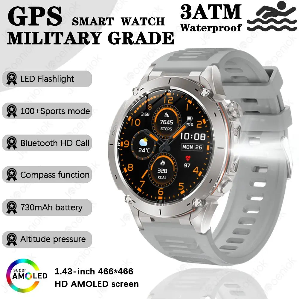 Outdoor Smart Watch 466*466 AMOLED Full Touch Screen 5ATM Waterproof GPS 730mAh High Battery Compass 170+ Sports Modes For Men