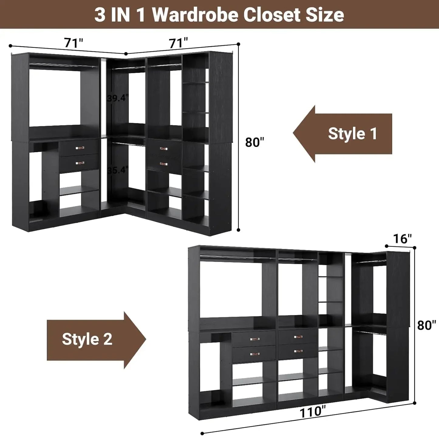 Freestanding Closet System with 3 Sets, 110'' Reversible Stand-alone Wardrobe, 80'' Height Cloth Garment Organizer