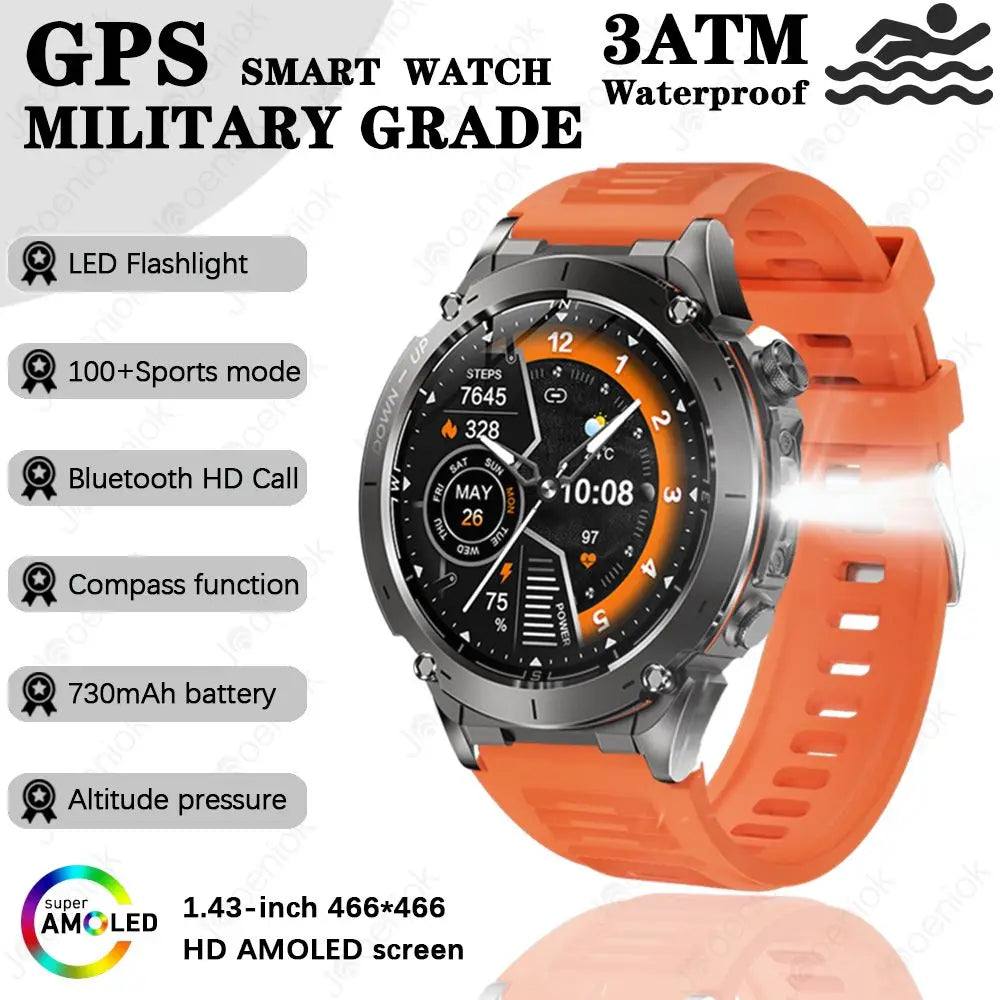 Outdoor Smart Watch 466*466 AMOLED Full Touch Screen 5ATM Waterproof GPS 730mAh High Battery Compass 170+ Sports Modes For Men