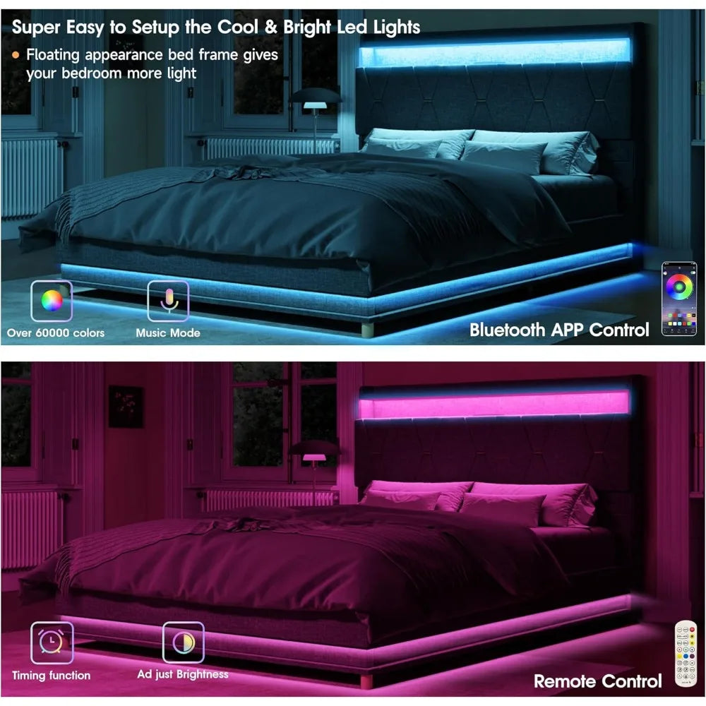 Fameill Full Size Lift Up Storage Bed Frame, Storage Headboard with Charging Station, LED Lights Upholstered Platform Bed, No Bo