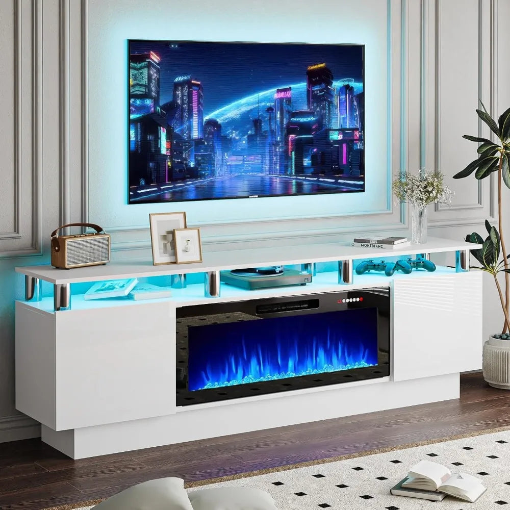 70" Modern Fireplace TV Stand with 36" Electric Fireplace for TVs Up to 80 inch, Luxury LED Light Entertainment Center with High