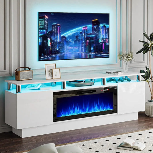 70" Modern Fireplace TV Stand with 36" Electric Fireplace for TVs Up to 80 inch, Luxury LED Light Entertainment Center with High