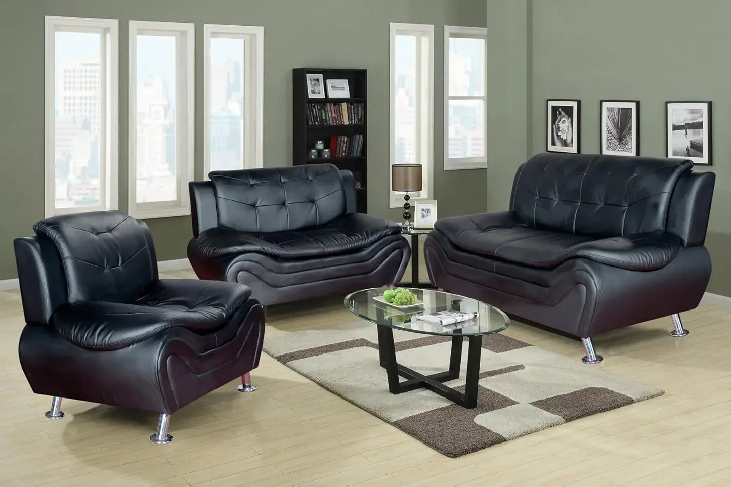 3-piece Modern Sofa Set, Black/white, 32.5 Inches Deep X 77.5 Inches Wide X 35 Inches High