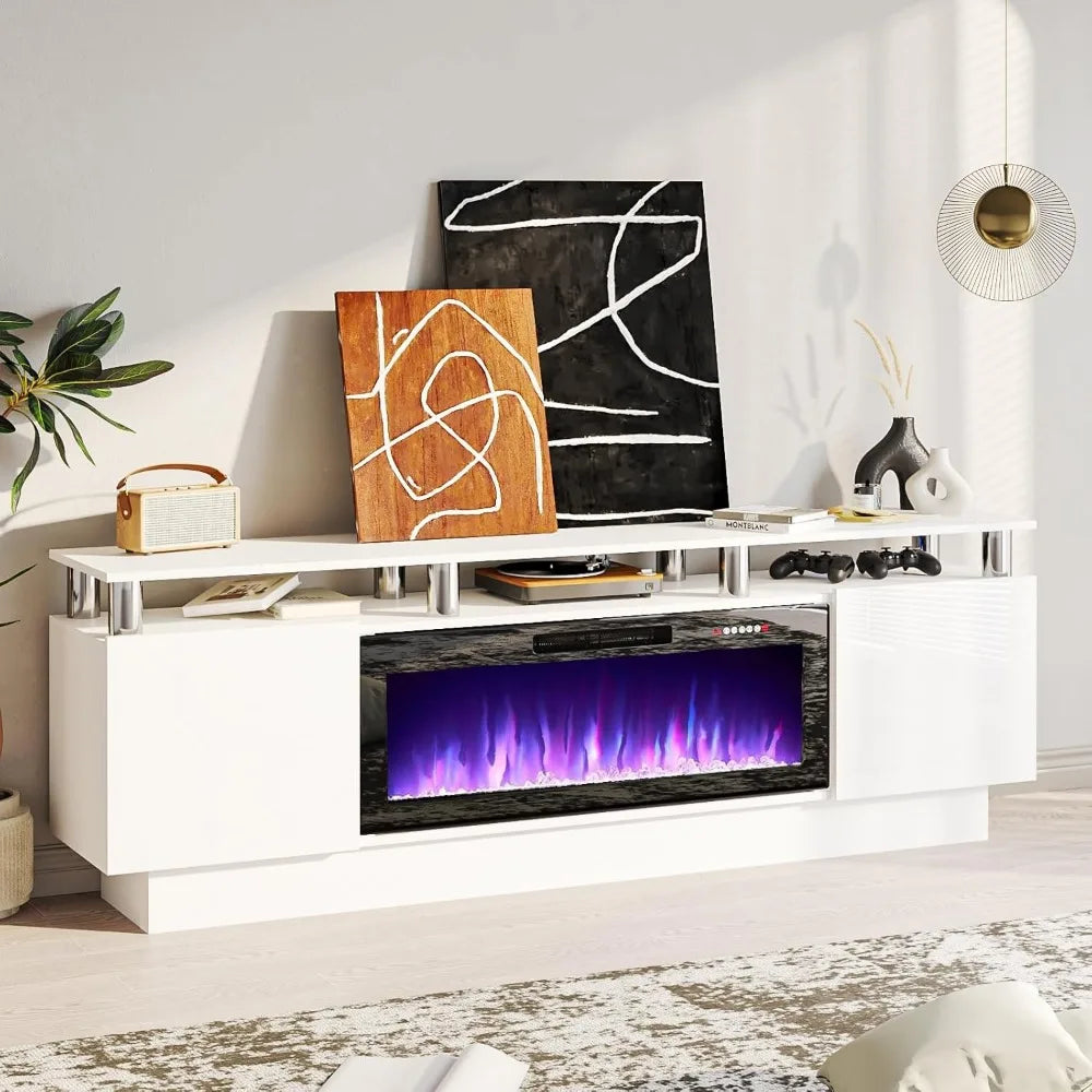 70" Modern Fireplace TV Stand with 36" Electric Fireplace for TVs Up to 80 inch, Luxury LED Light Entertainment Center with High