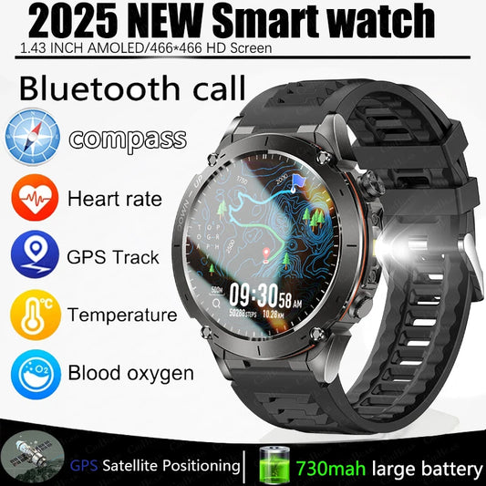 Outdoor Smart Watch 466*466 AMOLED Full Touch Screen 5ATM Waterproof GPS 730mAh High Battery Compass 170+ Sports Modes For Men