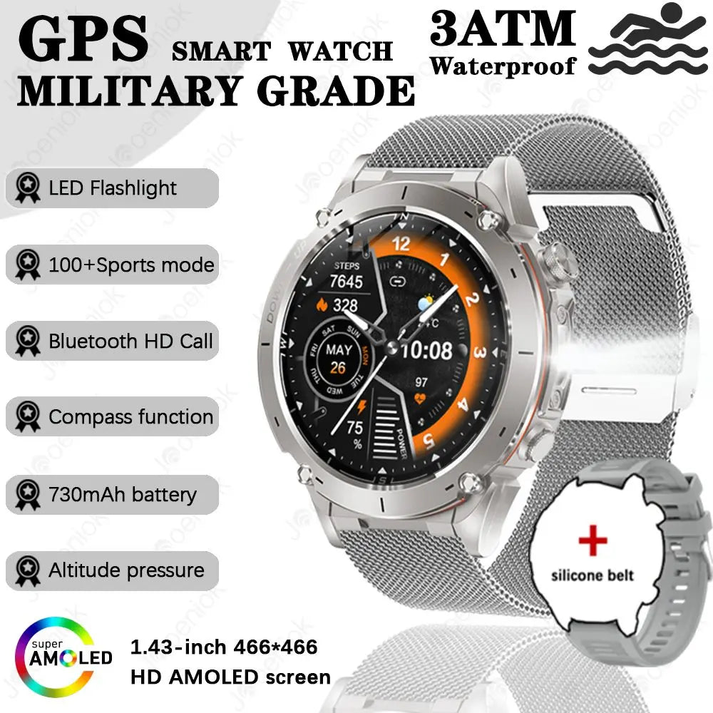 Outdoor Smart Watch 466*466 AMOLED Full Touch Screen 5ATM Waterproof GPS 730mAh High Battery Compass 170+ Sports Modes For Men