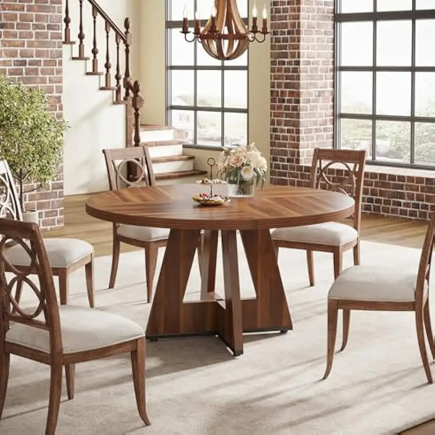 Round Dining Table for 4 Farmhouse Dining Room Table with Wooden Pedestal Base