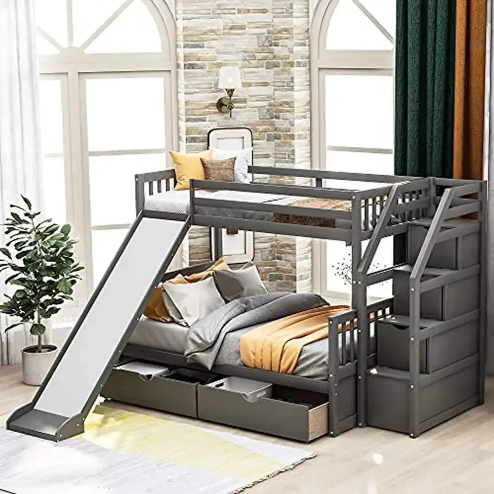Twin Over Full Bunk Bed with Stairs Slide Storage Drawers Solid Pine Wood Safe Access Modern Design Gray Spindles 400lb Weight