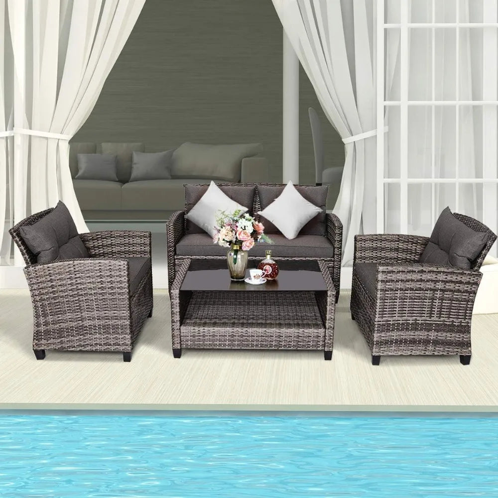 4 PCS Patio Wicker Conversation Furniture Set, Outdoor Rattan Sofa Set with Padded Cushion & Tempered Glass Coffee Table, Wicke